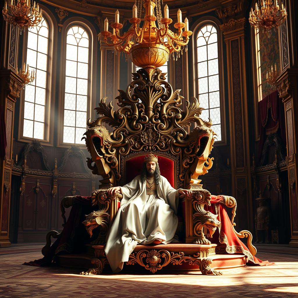 An ornate and elaborately designed throne, intricately carved with mythical creatures and adorned with luxurious fabrics