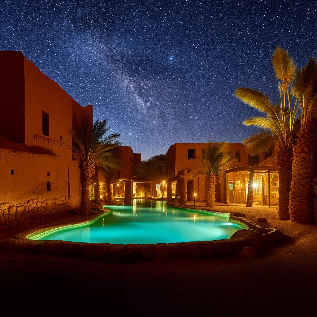 A quaint, rustic hotel nestled in the picturesque Siwa Oasis, surrounded by palm trees and crystal clear springs with a stunning view of the brilliant Saharan night sky.