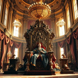 An ornate and elaborately designed throne, intricately carved with mythical creatures and adorned with luxurious fabrics