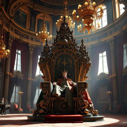 An ornate and elaborately designed throne, intricately carved with mythical creatures and adorned with luxurious fabrics