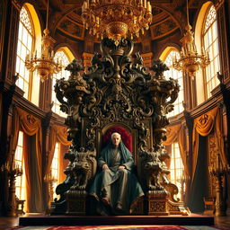 An ornate and elaborately designed throne, intricately carved with mythical creatures and adorned with luxurious fabrics