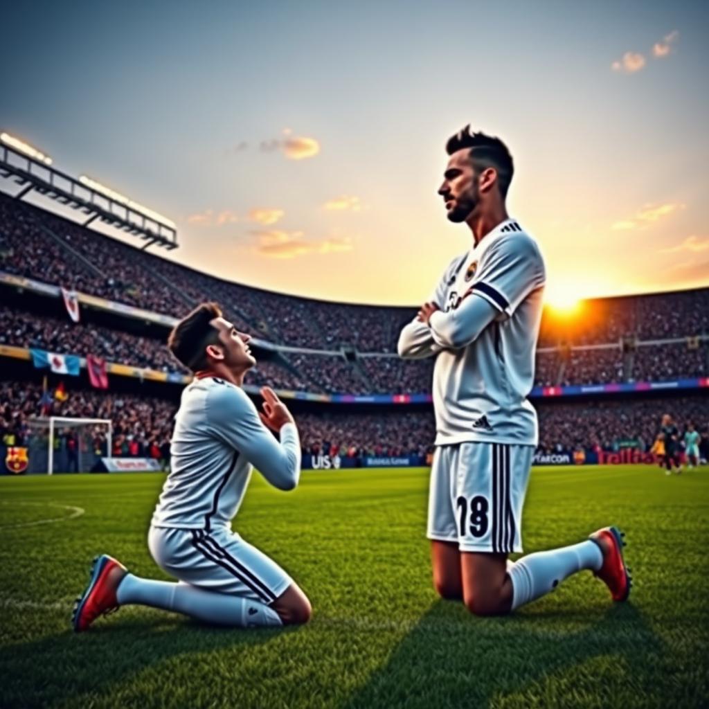 A powerful moment on the football pitch showing a Real Madrid football player, dressed in their classic white kit, kneeling humbly in front of a Barcelona football player wearing their iconic blue and garnet uniform