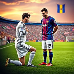A powerful moment on the football pitch showing a Real Madrid football player, dressed in their classic white kit, kneeling humbly in front of a Barcelona football player wearing their iconic blue and garnet uniform