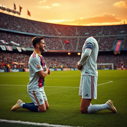 A powerful moment on the football pitch showing a Real Madrid football player, dressed in their classic white kit, kneeling humbly in front of a Barcelona football player wearing their iconic blue and garnet uniform
