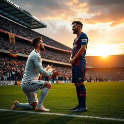 A powerful moment on the football pitch showing a Real Madrid football player, dressed in their classic white kit, kneeling humbly in front of a Barcelona football player wearing their iconic blue and garnet uniform