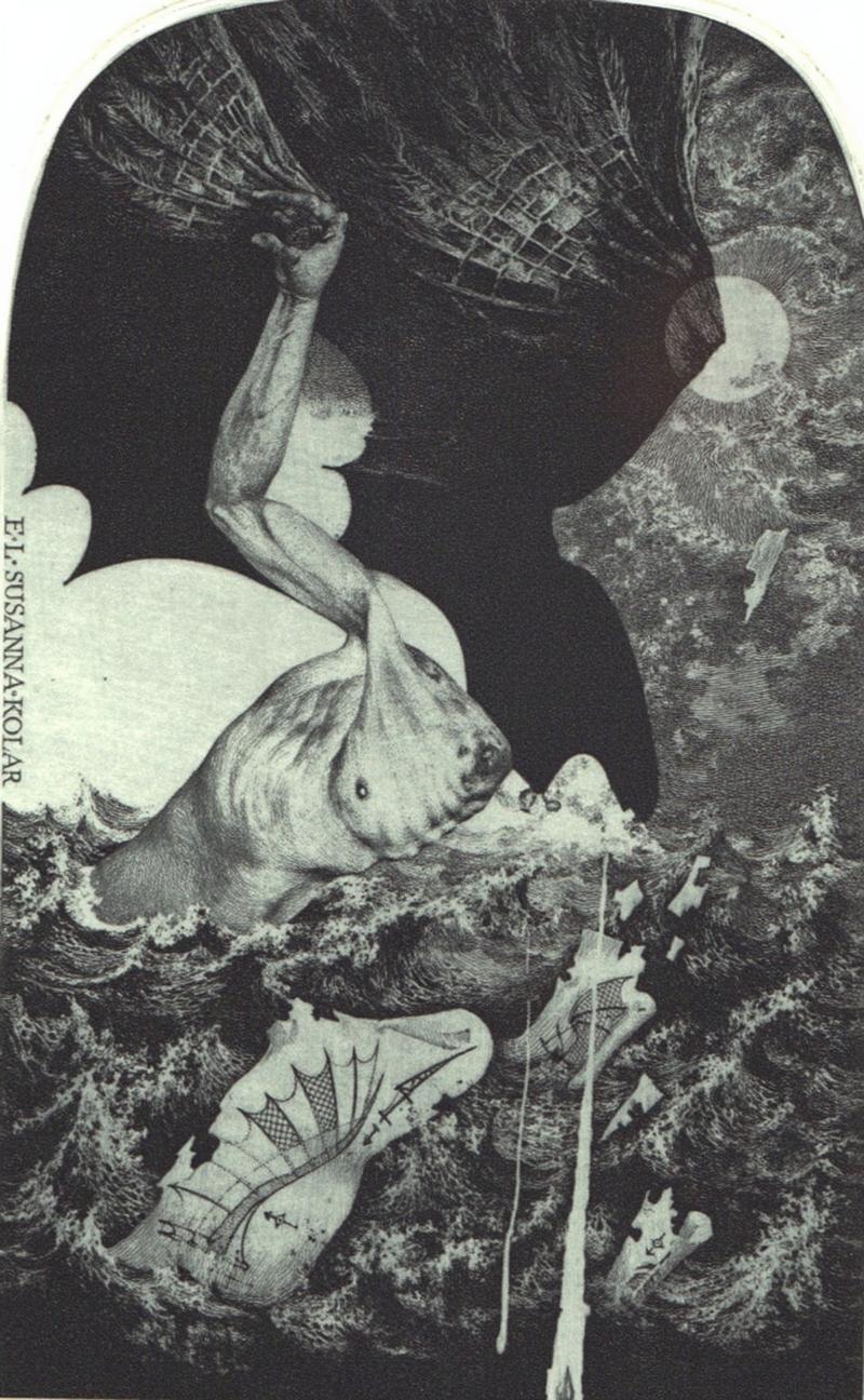 A surreal depiction of a figure with a bird-like head, soaring above tumultuous ocean waves