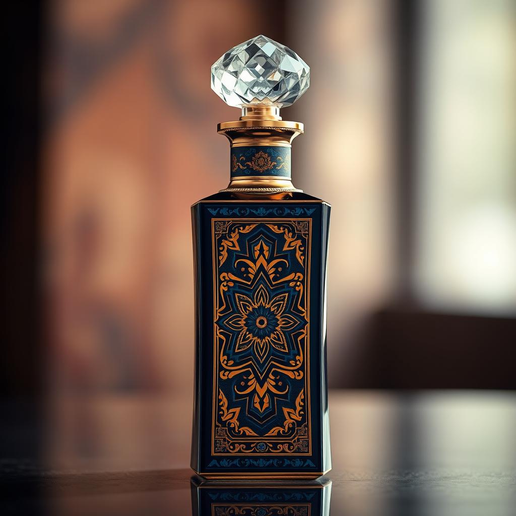 A luxurious perfume bottle with an Eastern design, inspired by Indonesian batik patterns
