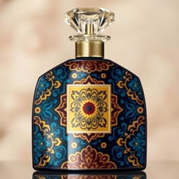 A luxurious perfume bottle with an Eastern design, inspired by Indonesian batik patterns