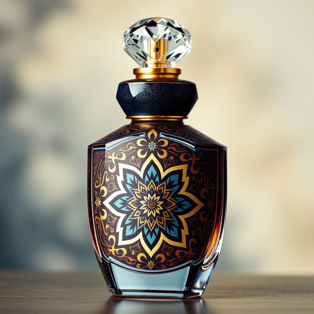 A luxurious perfume bottle with an Eastern design, inspired by Indonesian batik patterns