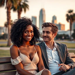 A beautiful Black woman with curly hair, giving a sly smirk and her eyes twinkling with amusement, is sitting on a park bench next to a handsome White man in a well-fitted suit