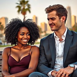 A beautiful Black woman with curly hair, giving a sly smirk and her eyes twinkling with amusement, is sitting on a park bench next to a handsome White man in a well-fitted suit