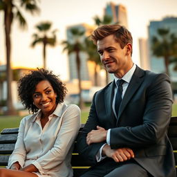 A beautiful Black woman with curly hair, giving a sly smirk and her eyes twinkling with amusement, is sitting on a park bench next to a handsome White man in a well-fitted suit