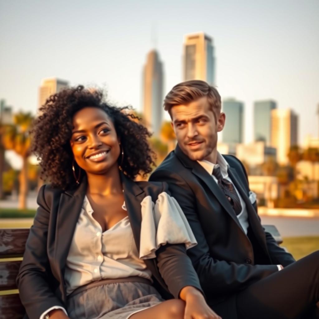 A beautiful Black woman with curly hair, giving a sly smirk and her eyes twinkling with amusement, is sitting on a park bench next to a handsome White man in a well-fitted suit