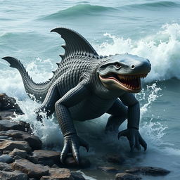 A striking hybrid creature that merges the features of a Komodo dragon, a crocodile, a shark, and a goblin shark