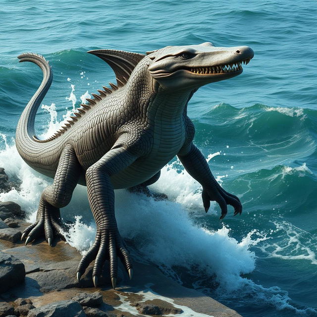 A striking hybrid creature that merges the features of a Komodo dragon, a crocodile, a shark, and a goblin shark