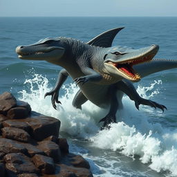 A striking hybrid creature that merges the features of a Komodo dragon, a crocodile, a shark, and a goblin shark