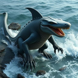 A striking hybrid creature that merges the features of a Komodo dragon, a crocodile, a shark, and a goblin shark