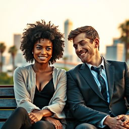 A beautiful Black woman with curly hair sitting next to a handsome White man in a well-fitted suit on a park bench