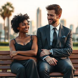 A beautiful Black woman with curly hair sitting next to a handsome White man in a well-fitted suit on a park bench