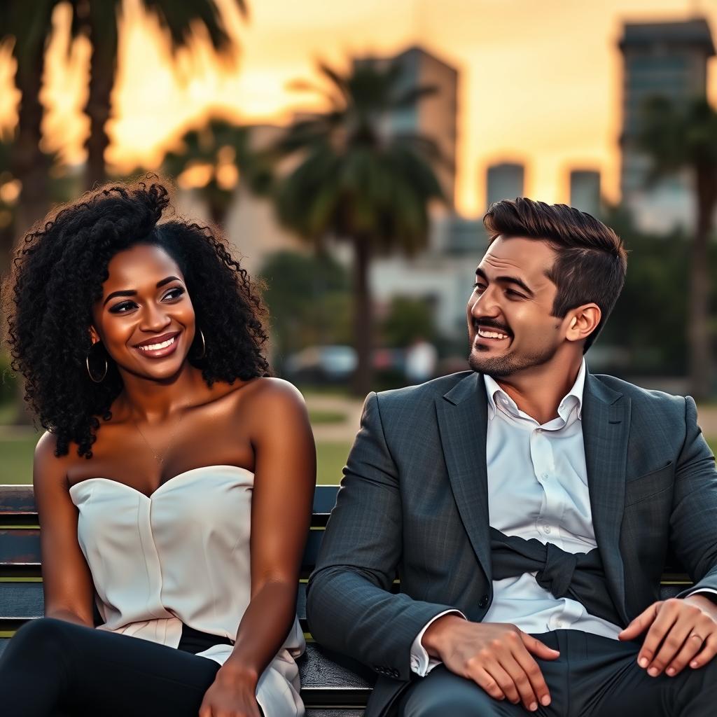 A beautiful Black woman with curly hair sitting next to a handsome White man in a well-fitted suit on a park bench