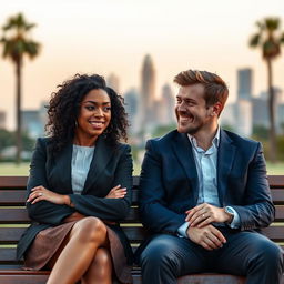 A beautiful Black woman with curly hair sitting next to a handsome White man in a well-fitted suit on a park bench