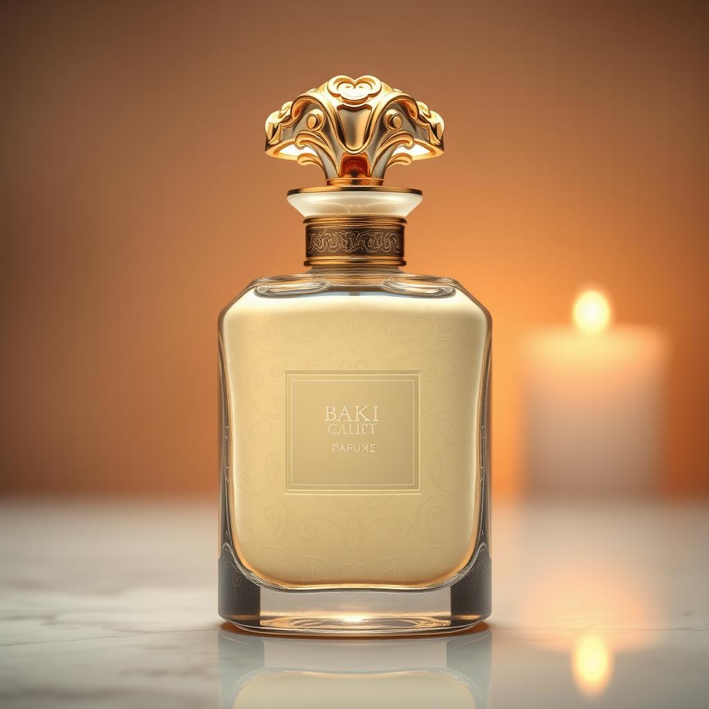 A luxurious perfume bottle inspired by batik designs, featuring an elegant cream color