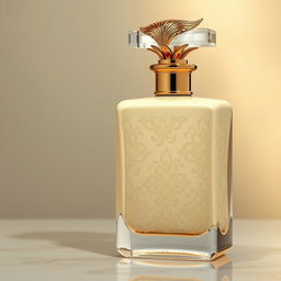A luxurious perfume bottle inspired by batik designs, featuring an elegant cream color