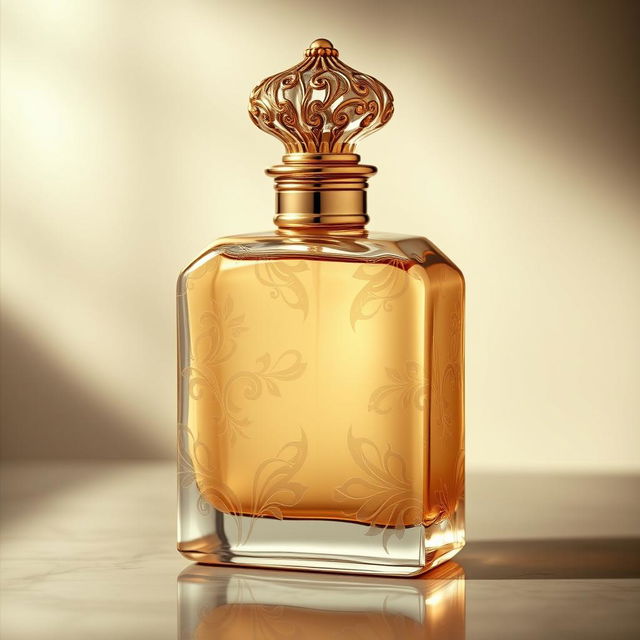 A luxurious perfume bottle inspired by batik designs, featuring an elegant cream color
