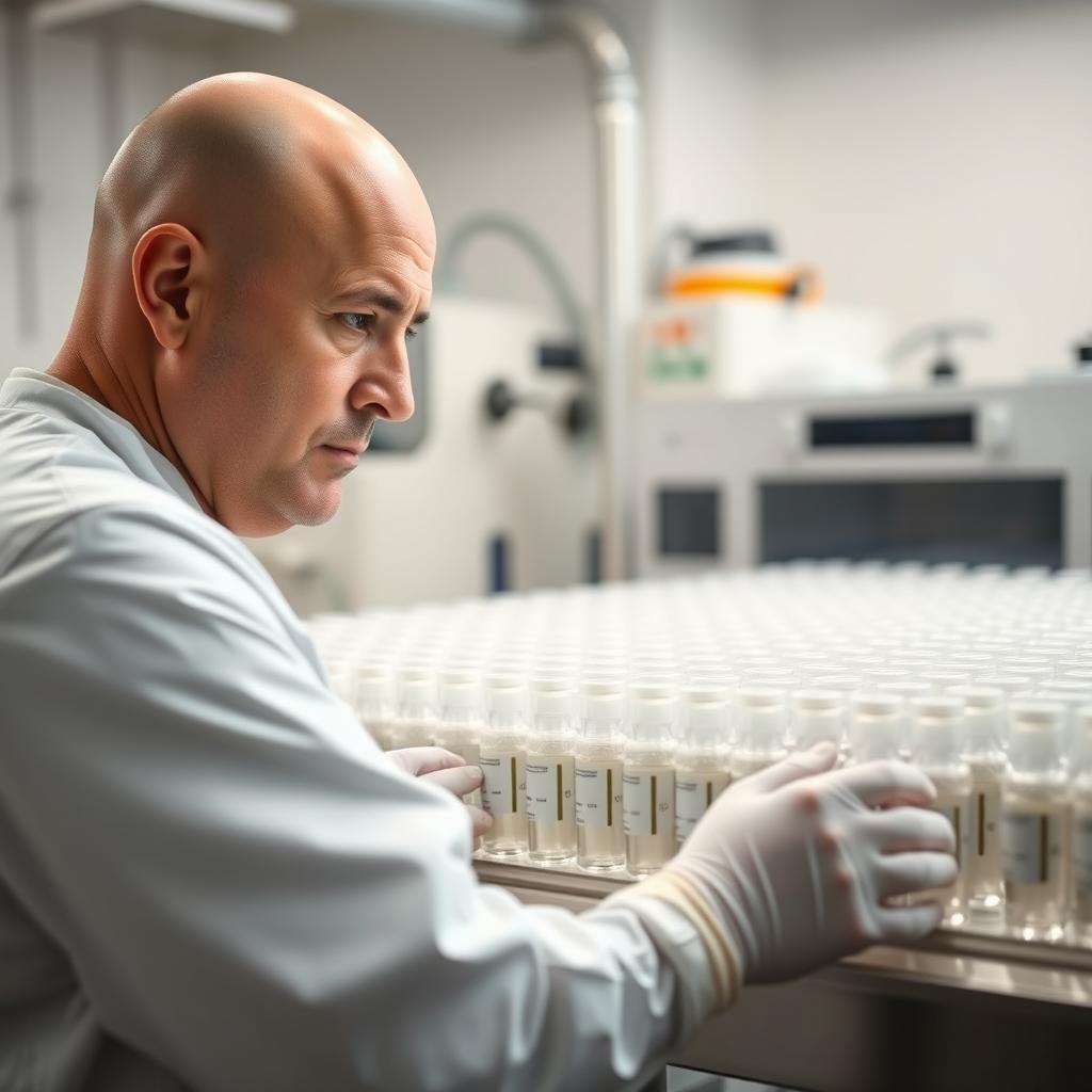 A bald man, focused and attentive, conducting a visual inspection of a sterilization line filled with vials in a clean room environment