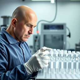 A bald man, focused and attentive, conducting a visual inspection of a sterilization line filled with vials in a clean room environment