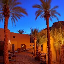 A quaint, rustic hotel nestled in the picturesque Siwa Oasis, surrounded by palm trees and crystal clear springs with a stunning view of the brilliant Saharan night sky.