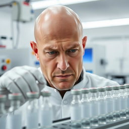 A bald man, focused and attentive, conducting a visual inspection of a sterilization line filled with vials in a clean room environment