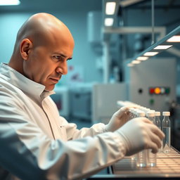 A bald man, focused and attentive, conducting a visual inspection of a sterilization line filled with vials in a clean room environment