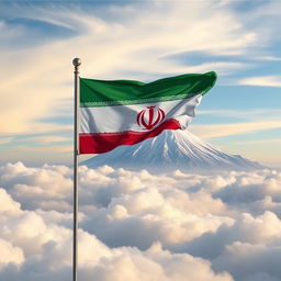 A majestic and realistic depiction of the Iranian flag standing proudly above the clouds with great strength and determination