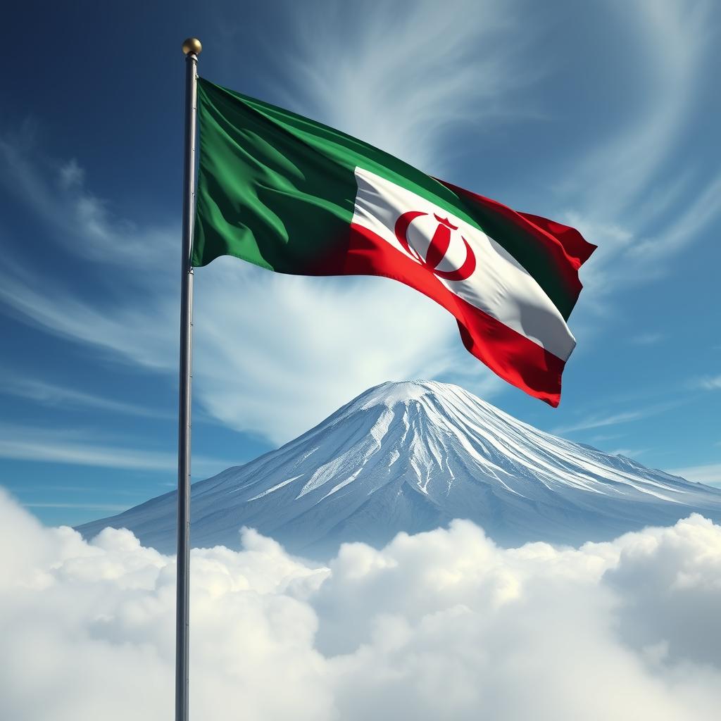 A majestic and realistic depiction of the Iranian flag standing proudly above the clouds with great strength and determination