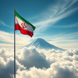A majestic and realistic depiction of the Iranian flag standing proudly above the clouds with great strength and determination