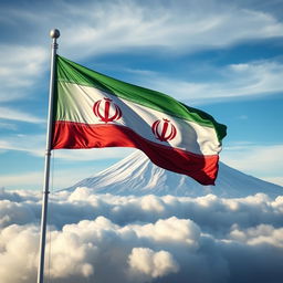 A majestic and realistic depiction of the Iranian flag standing proudly above the clouds with great strength and determination