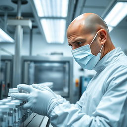 A bald man with a clean-shaven head, intensely focused on performing a visual inspection of a sterilization line filled with vials in a sterile cleanroom
