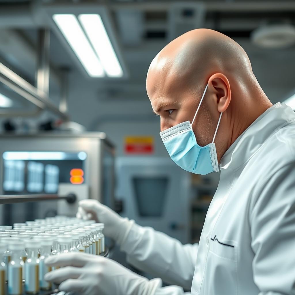 A bald man with a clean-shaven head, intensely focused on performing a visual inspection of a sterilization line filled with vials in a sterile cleanroom