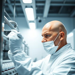 A bald man with a clean-shaven head, intensely focused on performing a visual inspection of a sterilization line filled with vials in a sterile cleanroom