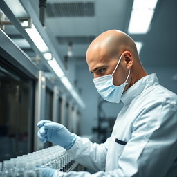 A bald man with a clean-shaven head, intensely focused on performing a visual inspection of a sterilization line filled with vials in a sterile cleanroom