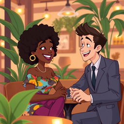 An animated scene featuring a beautiful black woman with vibrant curly hair, playfully interacting with a handsome white man dressed in a stylish suit