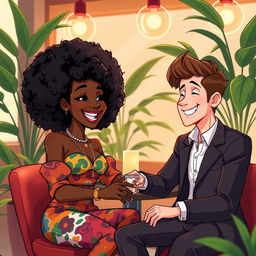 An animated scene featuring a beautiful black woman with vibrant curly hair, playfully interacting with a handsome white man dressed in a stylish suit