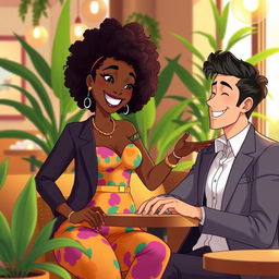 An animated scene featuring a beautiful black woman with vibrant curly hair, playfully interacting with a handsome white man dressed in a stylish suit