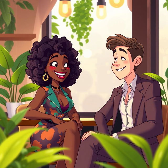 An animated scene featuring a beautiful black woman with vibrant curly hair, playfully interacting with a handsome white man dressed in a stylish suit