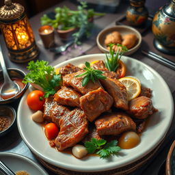 A detailed and artistic representation of a traditional dish featuring dog meat, presented in an elegant culinary style