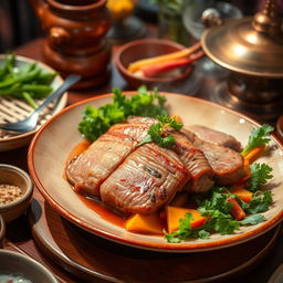 A detailed and artistic representation of a traditional dish featuring dog meat, presented in an elegant culinary style