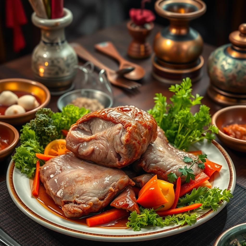 A detailed and artistic representation of a traditional dish featuring dog meat, presented in an elegant culinary style
