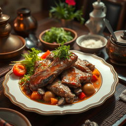 A detailed and artistic representation of a traditional dish featuring dog meat, presented in an elegant culinary style