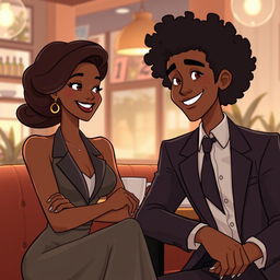 An animated scene featuring a beautiful black woman with curly hair, sitting alongside a handsome white man in a well-tailored suit